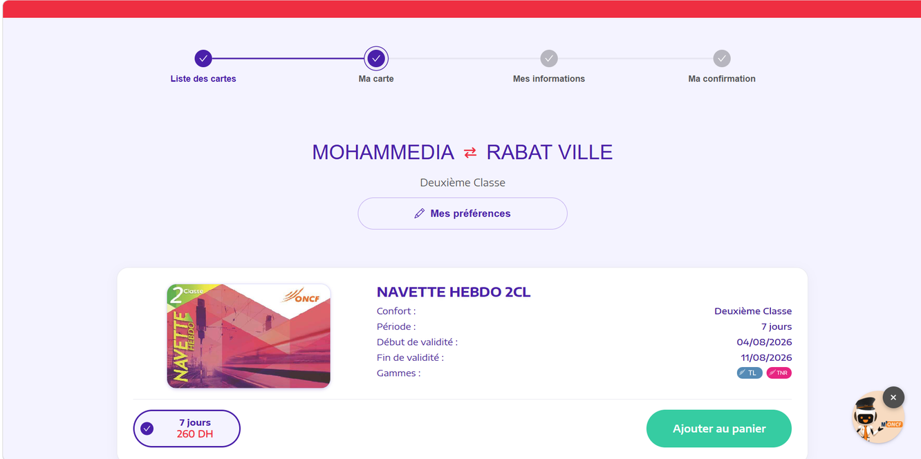 ONCF Voyages : Navette Hebdo Mohammedia Rabat Ville, 7 jours, 260 DH
